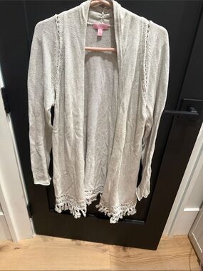 Lilly Pulitzer Light Cream Open-Front Cardigan with Tassel Hem